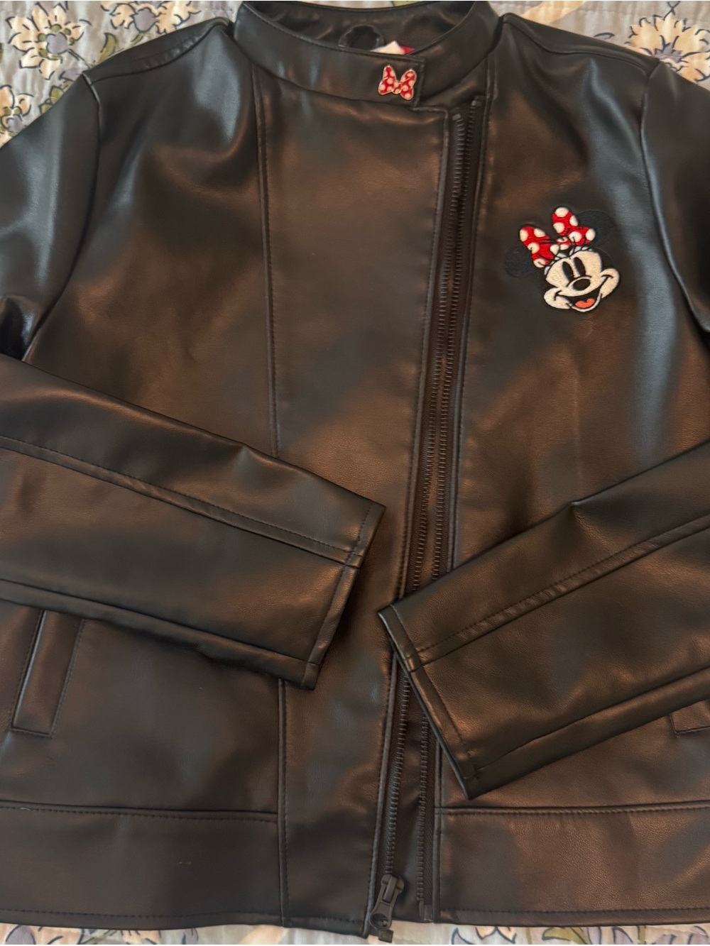 Disney Black Faux Leather Minnie Patch Jacket with Red Polka Dot Bow Girls 9/10